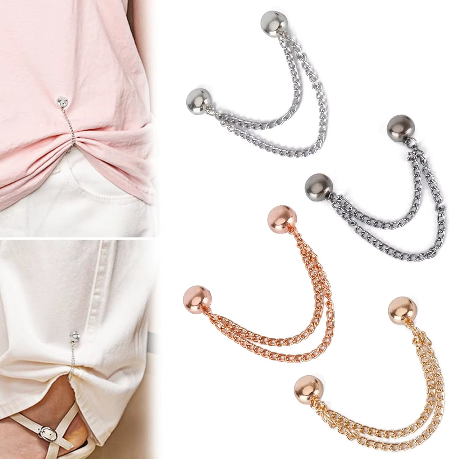 4Pcs Multi-Function Magnetic Clothing Clip with Chain Metal Buttons Clip Clothes Scarf Trouser Legs Cuff Fixing Magnet Pin Decor